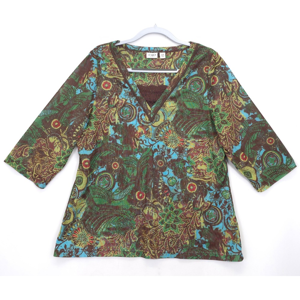 Cato‎ Woman 18/20W Multicolor Boho Paisley V-Neck Lace 3/4 Sleeve Tunic Top